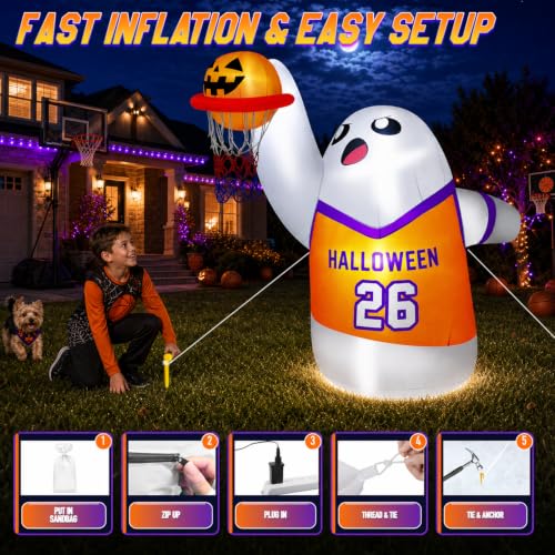 5FT Halloween Inflatable Ghost with Bright LEDs and Slam Dunk Basketball Outdoor Decoration
