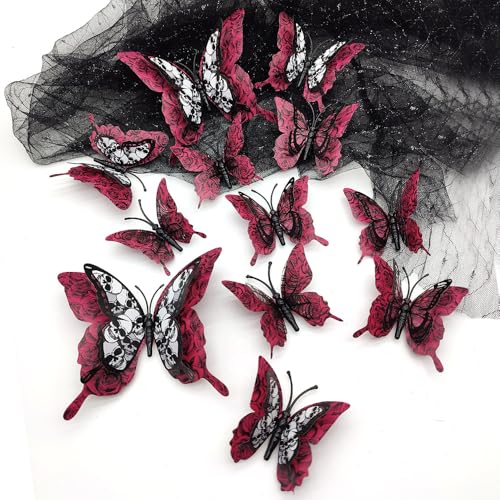Halloween Butterfly Wall Stickers Set - 24 Removable 3D Decals in Red & Black