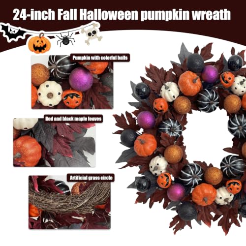 Halloween Ball Wreath for Front Door - 24 Inch Pumpkin Fall Door Decor - Black Variation
