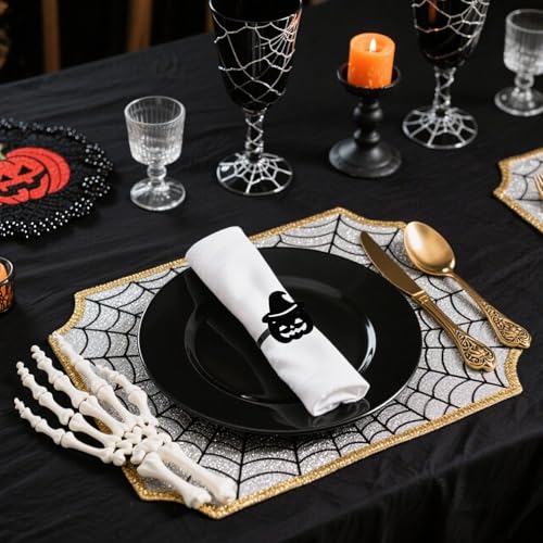 Halloween Napkin Rings Set of 12 - Black Pumpkin with Hat Metal Holders - Fall Party Decor