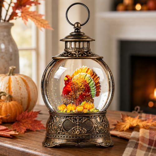Fall Snow Globe Lantern - 10'' Thanksgiving Water Globe with Turkey in Pumpkin - Autumn Decor
