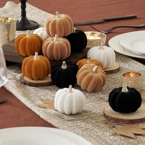 Mini Fall Pumpkin Decor Set of 12 - Velvet Pumpkins in Orange, Black, Khaki & White with Silver Stems