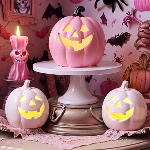 Pink Halloween Pumpkin Decor Set - 3 LED Lighted Flocked Resin Ornaments