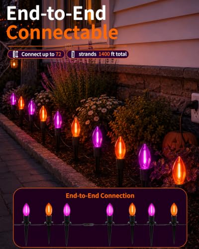 Halloween Pathway Lights 10-Pack Purple & Orange C9 LED Stakes - Outdoor Yard Decor