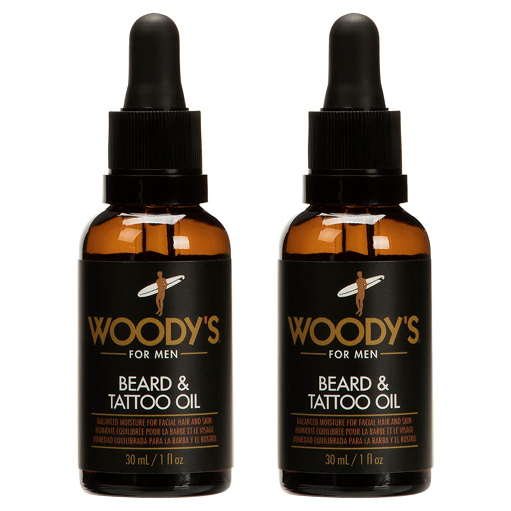 Woody's Tattoo & Beard Oil for Men - Hydrating & Conditioning Mens Beard Oi for Mustache Facial Hair & Tattoo Enhancement, 1 fl oz, 2 Pack