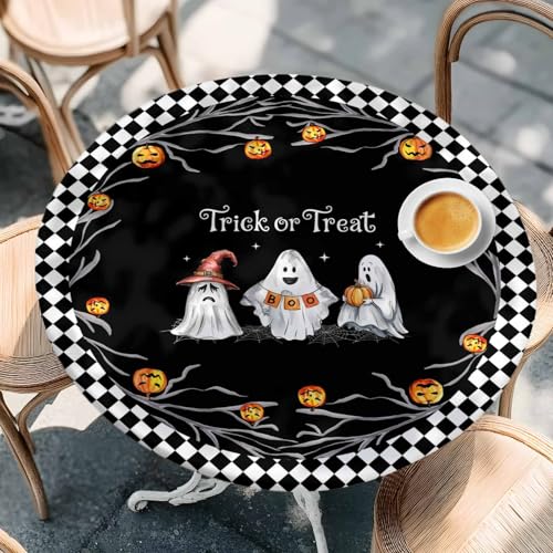 Halloween Fitted Round Tablecloth - Trick Or Treat Quotes Waterproof Cover with Elastic Edge, 45-54 Inch, Black