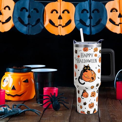 Halloween Cat 40oz Insulated Tumbler Cup with Handle & Straw - Goth Pumpkin Theme