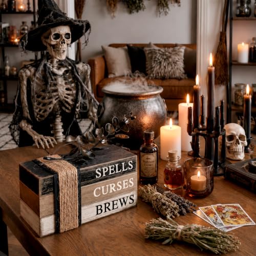 Eucalyptus Leaf Halloween Table Decorations Set - Rustic Mini Book Stacks & Natural Decor
