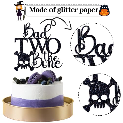 Black Glitter Bone Skull Cake Topper for 2nd Birthday Party - Rock & Roll Theme