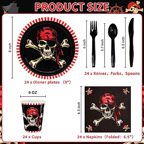 Pirate Party Supplies Set - 144 pcs Disposable Plates Cups Napkins Cutlery for Kids & Boys