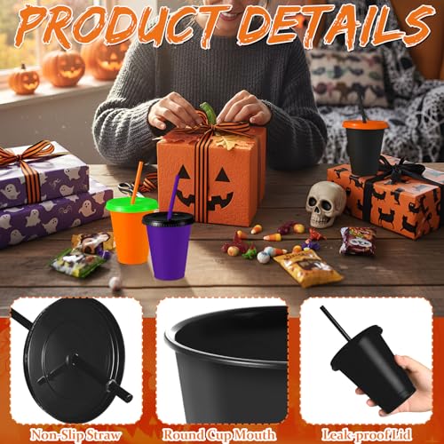 Halloween Color Plastic Cups with Lids and Straws - 16oz, 16 Pack