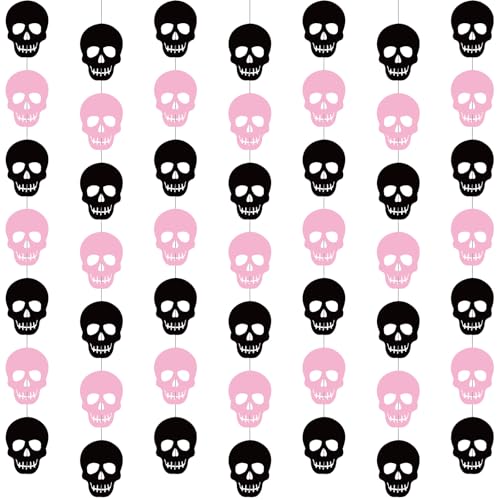 Halloween Skull Decor Garland Set - Pink & Black, 8 Pieces, 43 Inch