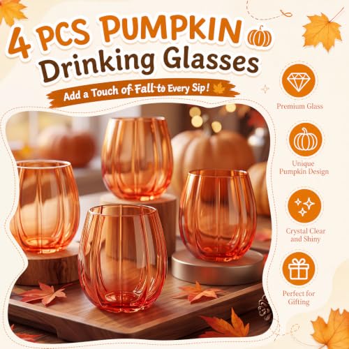 Pumpkin Wine Glasses Set of 4 - 20oz Stemless Fall Drinkware, Orange, Halloween Decor