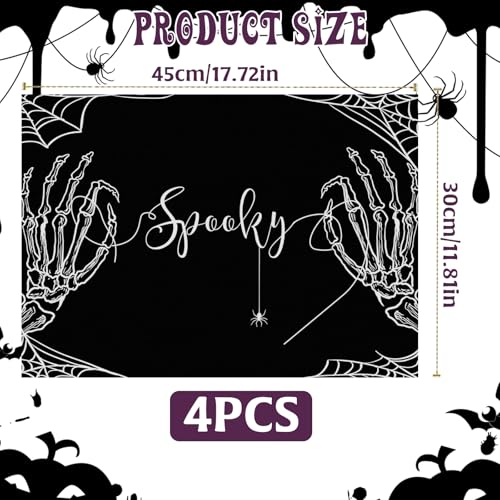 Halloween Skeleton Spider Placemats Set of 4 - Black Table Decor for Parties & Kitchen