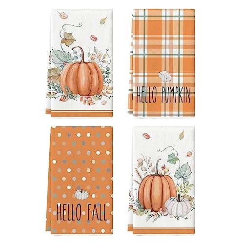 Orange Pumpkin Fall Kitchen Towels Set of 4 18x26 Inches - Soft & Absorbent