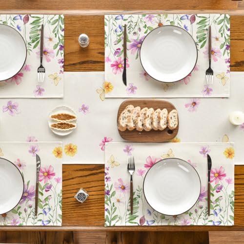 Rectangular Floral Butterfly Placemats Set of 4 - 12x18 Inches Beige Summer Decor
