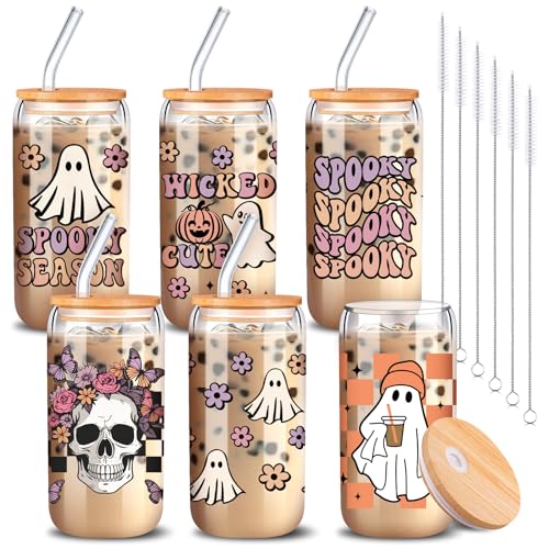 Halloween Ghost Glass Cup 16 oz with Lid & Straw - Ghost Flower Variation