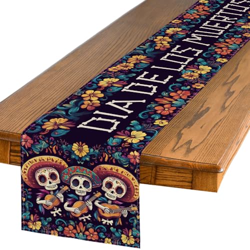 Guitar Sugar Skull Dia De Los Muertos Table Runner - Day of The Dead Fiesta Home Decor