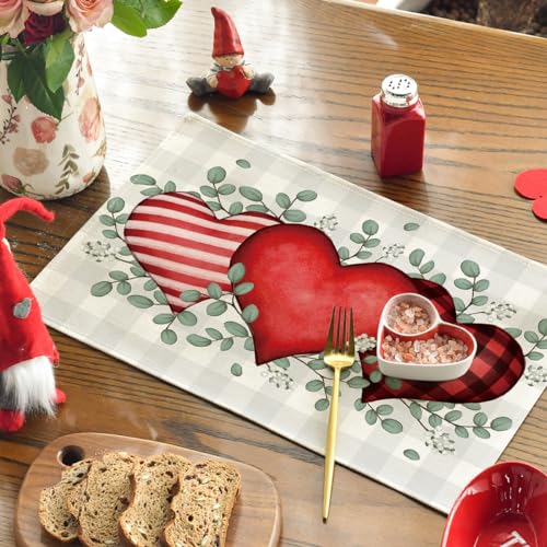 Rectangular Buffalo Plaid Eucalyptus Hearts Valentine Placemats Set of 4 - 12x18 Inch Holiday Table Decor