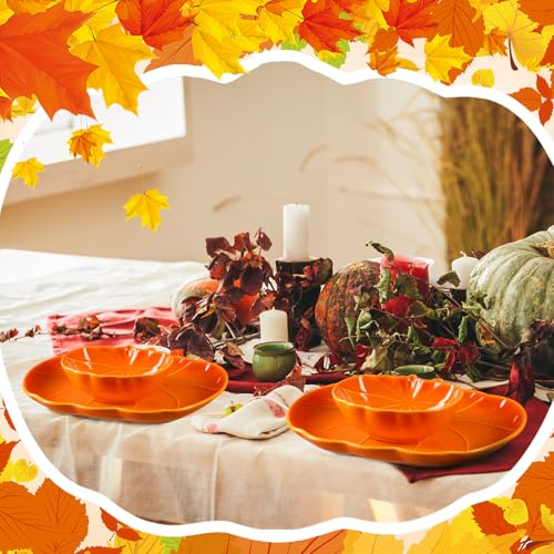 Pumpkin Shaped Ceramic Dinnerware Set - Orange Fall Plates & Bowls for Thanksgiving Halloween
