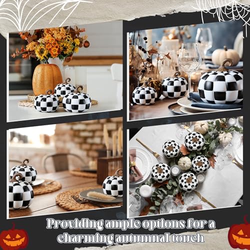 Black and White Checkered Fall Pumpkin Decor Set - Resin Halloween & Thanksgiving Table Ornaments - 3 Sizes