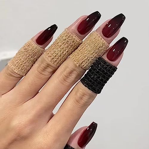 Press On Nails Medium Coffin Set - Black Red Goth Fake Nails with Glue - Variation bbfnH007