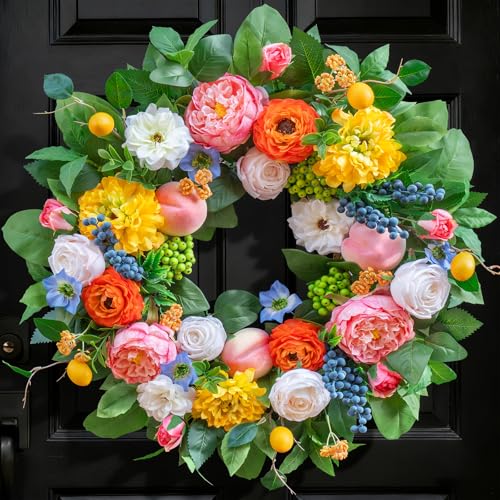 Spring Wreath for Front Door 24 Inch Vibrant Garden-Inspired Decor with Flowers & Fruit Accents