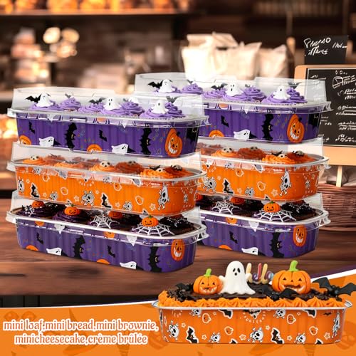 Halloween Mini Cake Pans with Lids & Spoons - 50 Pack, 6.8Oz Disposable Aluminum Tins, Party & Sale