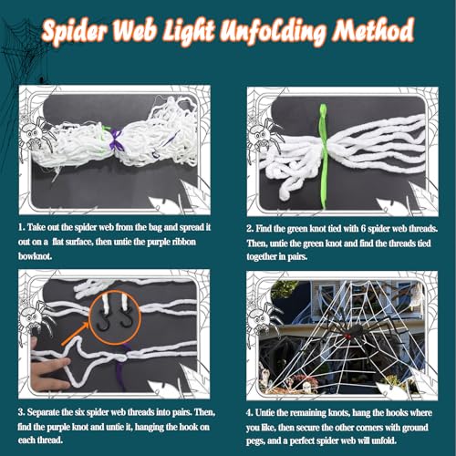 Halloween Spider Web Lights with 50-Inch Plush Spider & Stretch Cobweb - Remote Control, 8 Modes, Waterproof Yard Decor