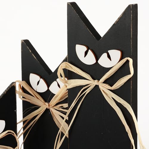Halloween Rustic Wooden Black Cat Decorations Set - 3 Black Cats for Tabletop Shelf Mantel - Fall Party Decor