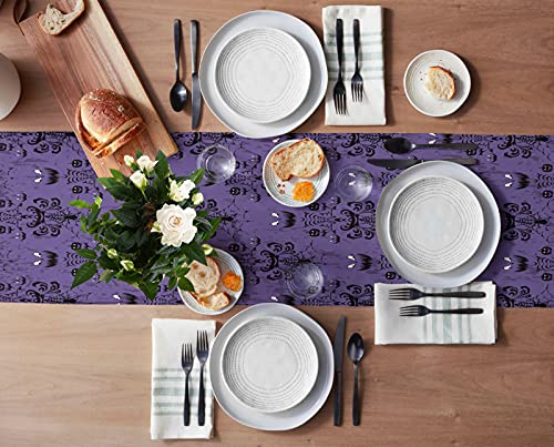 Halloween Black Spider Web Bat Table Runner - Cotton Linen, 13 x 36 Inches, Purple Variation