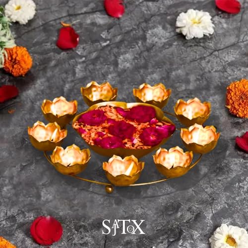 Handcrafted Golden Metal Diya Holder with Central Bowl - 9 Wick Festival Decor