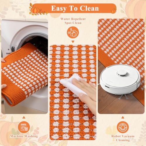 Fall Kitchen Rugs Set of 3 - Checkered Orange Autumn Runner Mats, Washable, Non-Slip