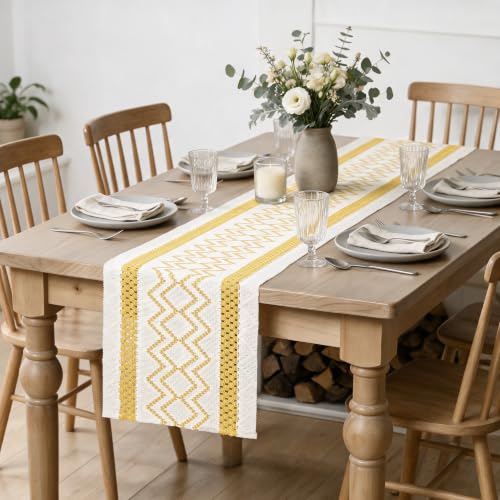 Artoid Mode Yellow Stripe Diamond Woven Table Runner 12x72 Inch - Durable Home Decor