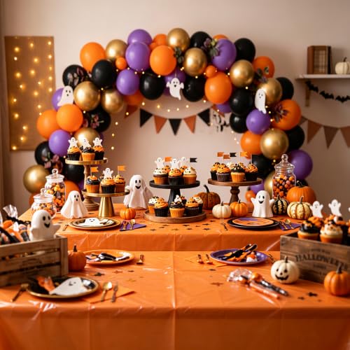 Purple Black Orange Halloween Disposable Tablecloths - 12 Pack, 54 x 108 Inches, Rectangular Plastic Table Covers for Parties