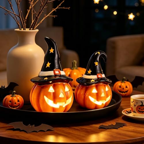 Halloween Pumpkin Lights Set of 2 Ceramic Jack O Lantern Lamps Indoor Decor