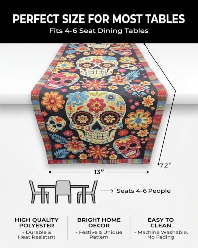 Dia De Los Muertos Table Runner - Sugar Skull Floral Linen 13x72