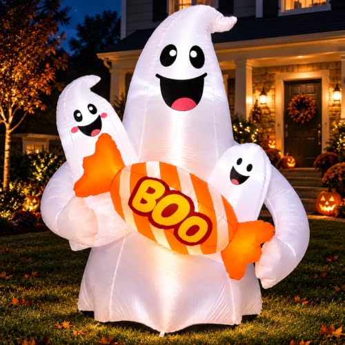 6 Ft Halloween Inflatable Ghost with Candy, Bright LEDs & Stakes - White Candy Ghosts Variation