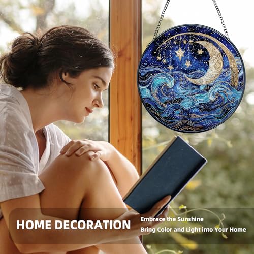 Moon and Star Stained Glass Window Hanging - Blue Celestial Sun Catcher, 7.9in