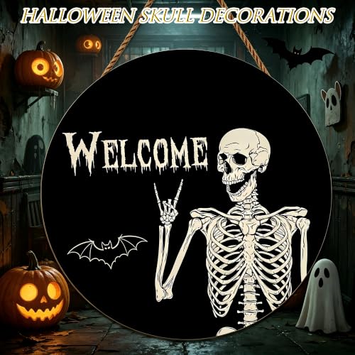 Halloween Wooden Skeleton Sign - Front Door Decor, Rock Gesture & Welcome Text - Skeleton Variation