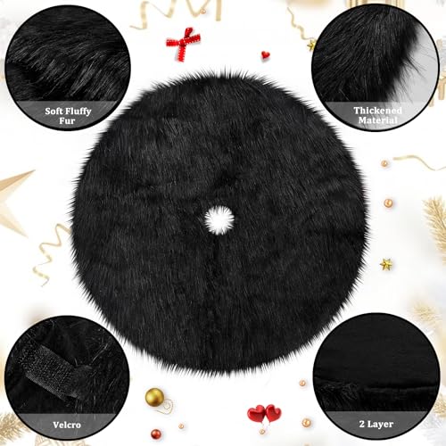Black Christmas Tree Skirt 48 Inch Fluffy Faux Fur Halloween Holiday Decor