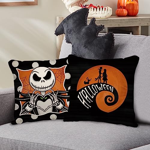 Halloween Decorative Throw Pillow Covers 20 x 20 Set of 4 - Orange Jack Skeleton & Ghost Design