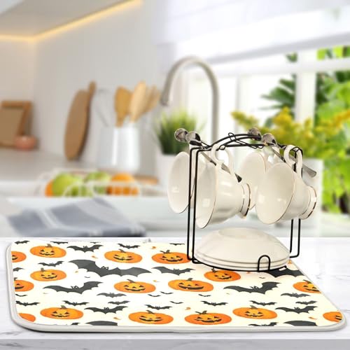 Halloween Bat Dish Drying Mat 16x18 Inches for Kitchen Countertop Spooky Pumpkin Lantern Design - Reusable Microfiber