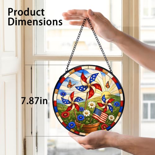 Patriotic Stained Glass Sun Catcher - 7.9 Inch American Flag Window Decor