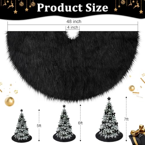 Black Christmas Tree Skirt 48 Inch Fluffy Faux Fur Halloween Holiday Decor