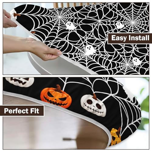 Halloween Round Fitted Tablecloth with Elastic Edge Water-Resistant Black Spider Web Ghost Pumpkin 44 Inch