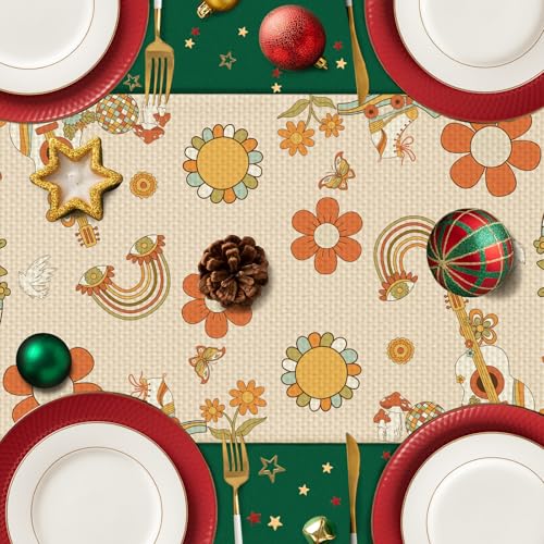 Peace Love Flower Linen Table Runner - Farmhouse Floral Decor for Kitchen & Dining