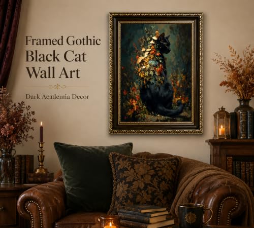 Black Cat Wall Art Canvas - Framed Moody Woodland Decor 16x12 in - Variation of THIS listing