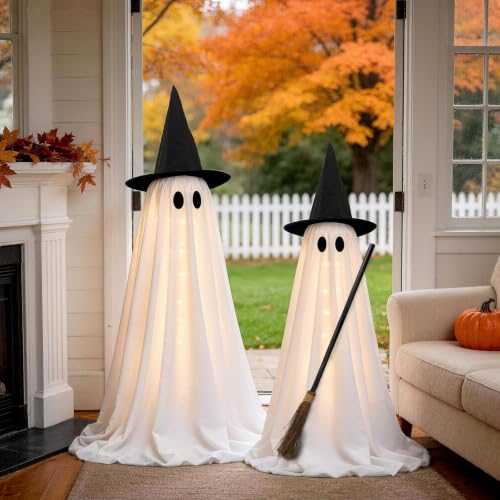 Indoor Halloween Ghost Decorations Set with Light-Up Ghosts and Broom - 2 Pack
