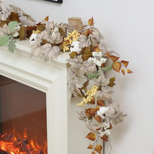 Artificial Maples Leaf Pumpkin Garland - Fall Decor, 6FT Autumn Wreath for Thanksgiving Halloween and Home Porch